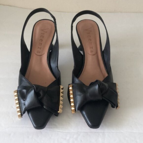Anthropologie Vicenza Cartagena Sling Back Knot Black Leather Heels Sz 39 - Picture 3 of 12